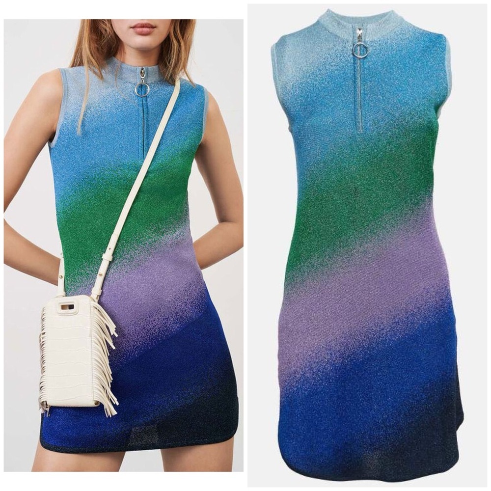 Maje Gradient Metallic Knit Mini Dress in Blue, Green & Purple